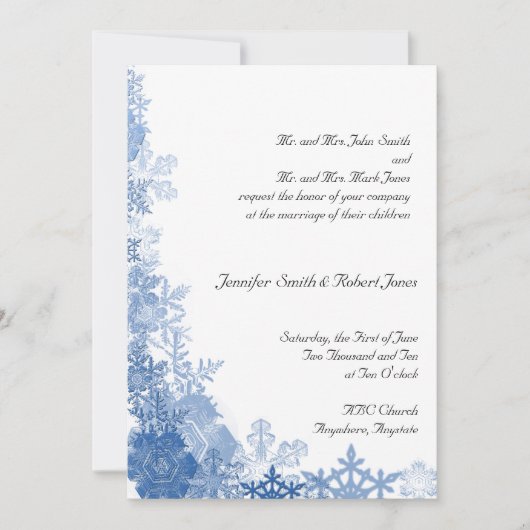 Blue Snowflakes op White Wedding Invitation Kaart (Voorkant)