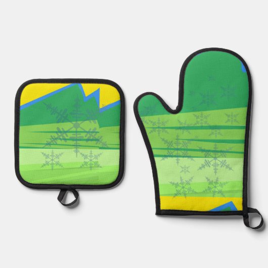 Blue Snowflakes Oven Mitt and Pot Holders Ovenwant & Pannenlap Set (Voorkant)