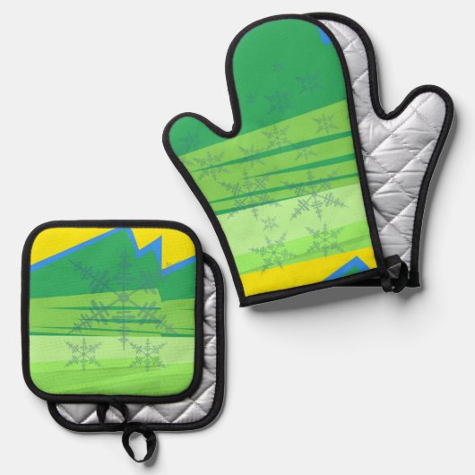 Blue Snowflakes Oven Mitt and Pot Holders Ovenwant & Pannenlap Set (Voorkant / Achterkant)