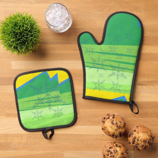 Blue Snowflakes Oven Mitt and Pot Holders Ovenwant & Pannenlap Set (Top down)