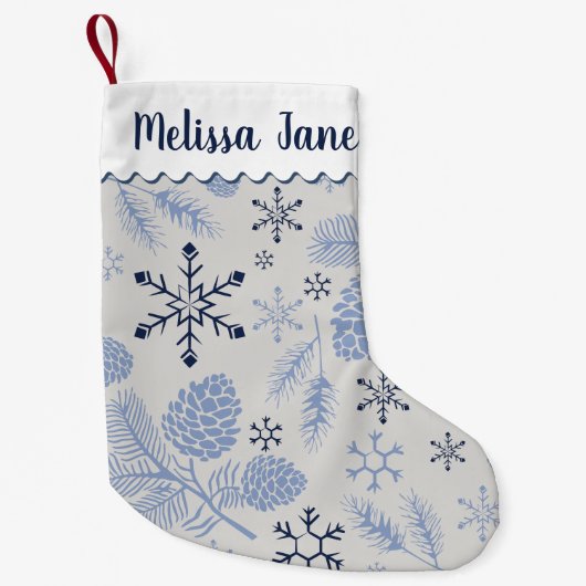 Blue Snowflakes Pinecones  Monogram Kleine Kerstsok (Voorkant)