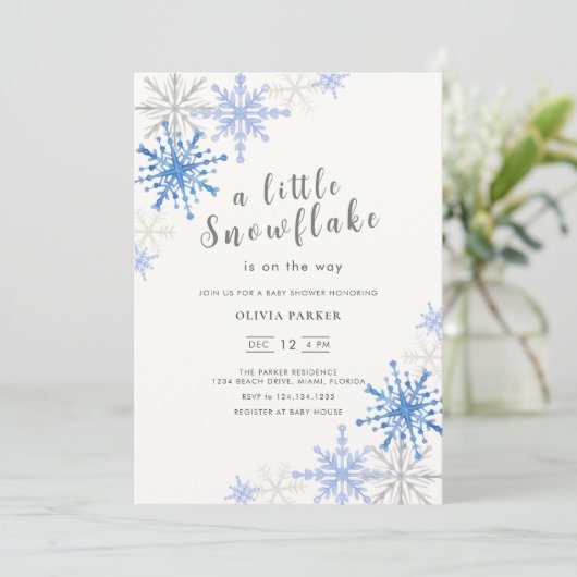 Blue Snowflakes Winter Baby shower Invitation Kaart (Staand voorkant)