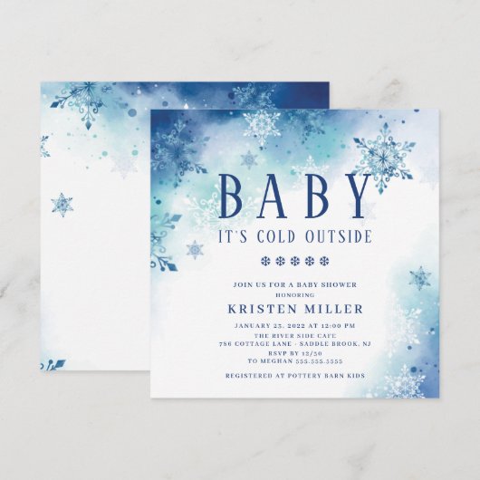 Blue Snowflakes Winter Boys Baby shower Invitation Kaart (Voorkant / Achterkant)