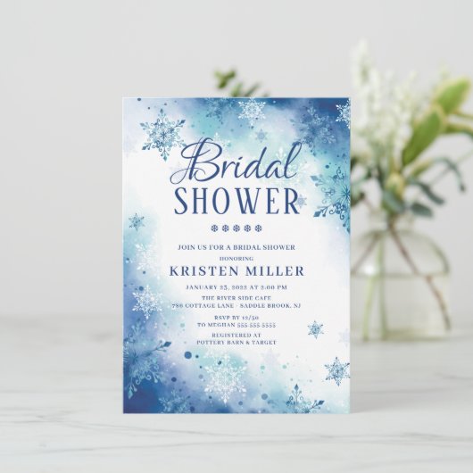 Blue Snowflakes Winter Bridal Shower Invitation Kaart (Staand voorkant)