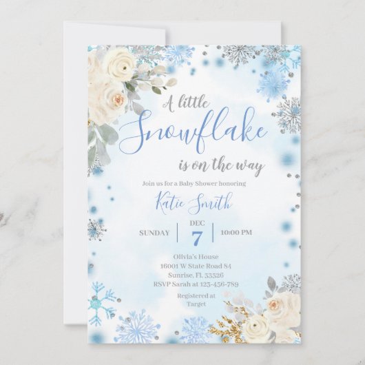 Blue Snowflakes Winter on the Way Baby shower Kaart (Voorkant)