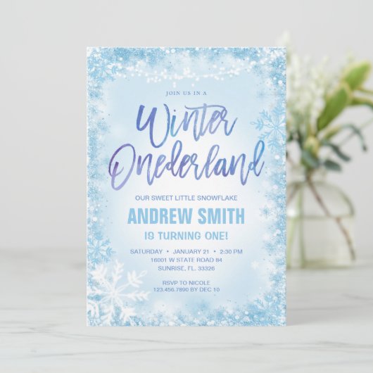 Blue Snowflakes Winter Onederland Birthday Kaart (Staand voorkant)