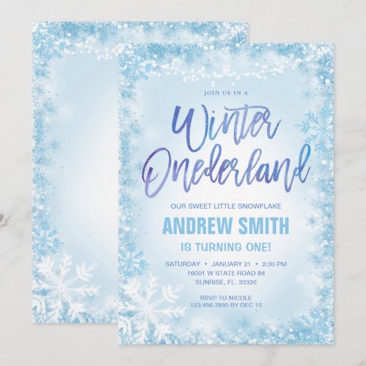 Blue Snowflakes Winter Onederland Birthday Kaart (Voorkant / Achterkant)