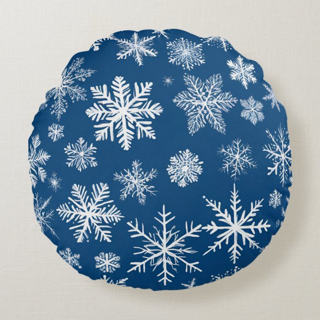 Blue Snowflakes Winter Rond Kussen (Voorkant)
