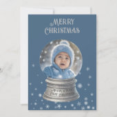Blue Snowglobe Snowflake Photo Flat Holiday Kaart (Voorkant)