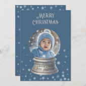 Blue Snowglobe Snowflake Photo Flat Holiday Kaart (Voorkant / Achterkant)