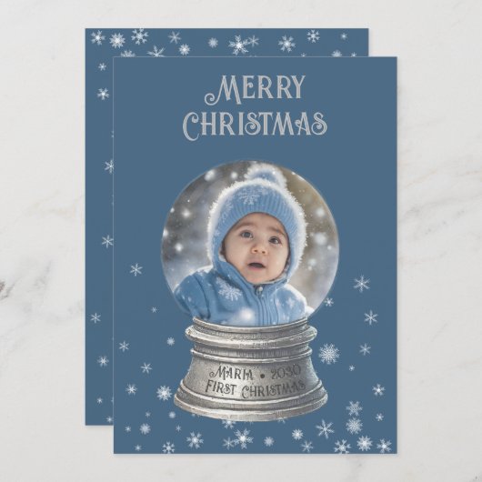 Blue Snowglobe Snowflake Photo Flat Holiday Kaart (Voorkant / Achterkant)