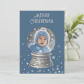 Blue Snowglobe Snowflake Photo Flat Holiday Kaart (Staand voorkant)
