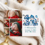 Blue Snowman 4 foto eerste kerst Feestdagenkaart<br><div class="desc">Vier het eerste vakantieseizoen van je kleintje met dit vrolijke winterontwerp met een blauw plaid nummer,  een schattige sneeuwpop en verspreide snoepstokken en geschenken. Pas het aan met de foto- en geboortegegevens van je baby om een aandenken te creëer dat charme en magie in je vakantieherinneringen brengt.</div>