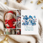 Blue Snowman 5 foto eerste kerst Feestdagenkaart<br><div class="desc">Vier het eerste vakantieseizoen van je kleintje met dit vrolijke winterontwerp met een blauw plaid nummer,  een schattige sneeuwpop en verspreide snoepstokken en geschenken. Pas het aan met de foto- en geboortegegevens van je baby om een aandenken te creëer dat charme en magie in je vakantieherinneringen brengt.</div>