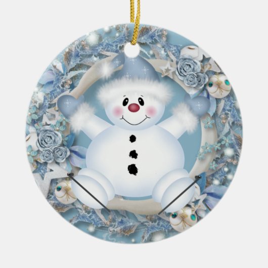 Blue Snowman Ceramic Ornament (Voorkant)