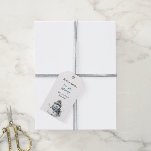 Blue Snowman Christmas Cadeaulabel (Met Touw)