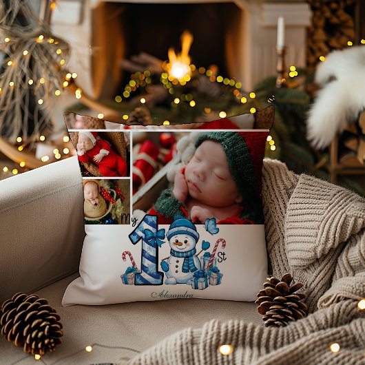 Blue Snowman eerste kerstdag Kussen