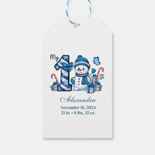 Blue Snowman  First Christmas Cadeaulabel (Achterkant)