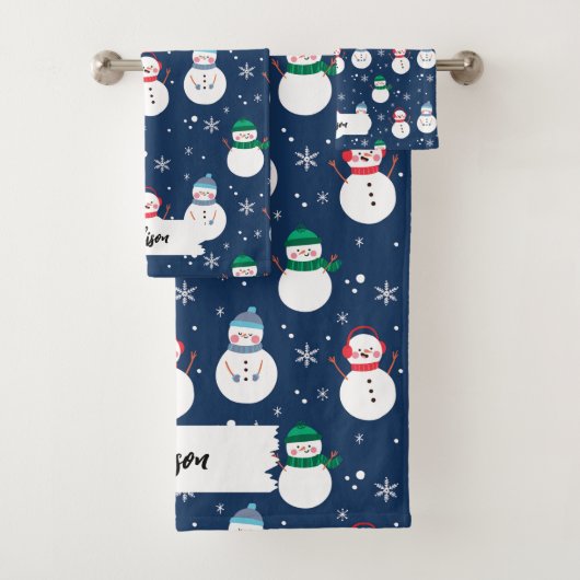Blue Snowman-kerstpatroon met naam Bad Handdoek (Insitu)