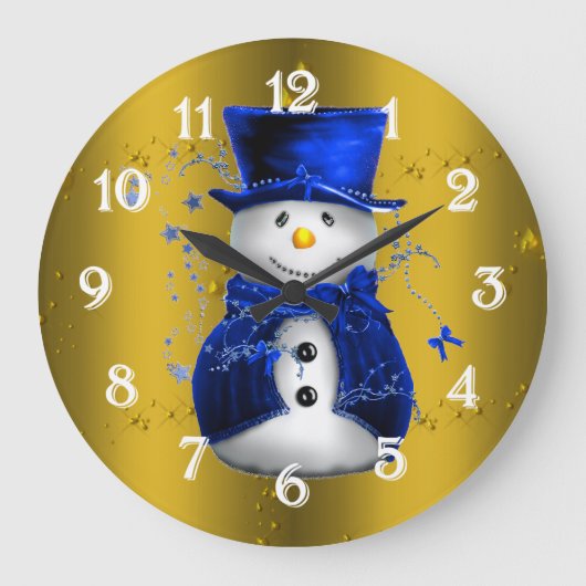 Blue Snowman op Gold Kerstmis Grote Klok (Voorkant)