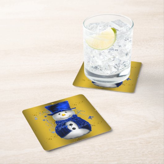 Blue Snowman op Gold Kerstmis Kartonnen Onderzetters (Insitu)