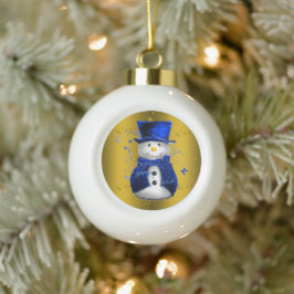 Blue Snowman op Gold Kerstmis Keramische Bal Ornament