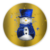 Blue Snowman op Gold Kerstmis Keramische Knop (Voorkant)