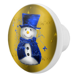 Blue Snowman op Gold Kerstmis Keramische Knop
