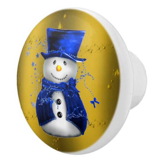 Blue Snowman op Gold Kerstmis Keramische Knop (Rechts)
