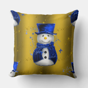 Blue Snowman op Gold Kerstmis Kussen