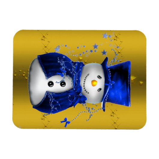 Blue Snowman op Gold Kerstmis Magneet (Horizontaal)