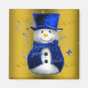 Blue Snowman op Gold Kerstmis Magneet