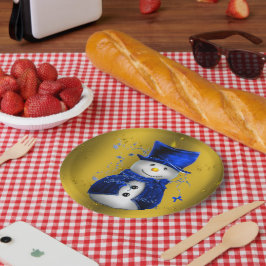 Blue Snowman op Gold Kerstmis Papieren Bordje