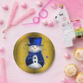 Blue Snowman op Gold Kerstmis Papieren Bordje (Feest)