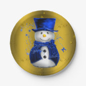 Blue Snowman op Gold Kerstmis Papieren Bordje (Voorkant)
