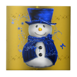 Blue Snowman op Gold Kerstmis Tegeltje