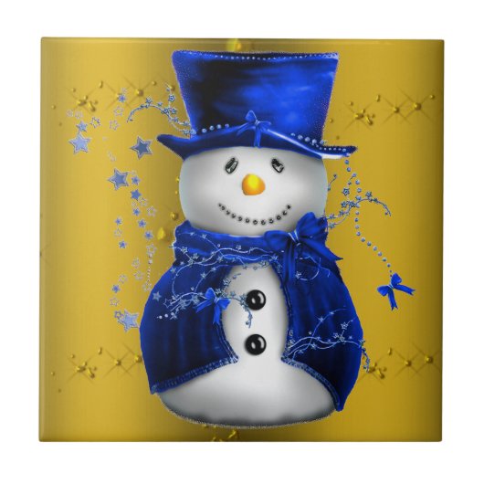 Blue Snowman op Gold Kerstmis Tegeltje (Voorkant)