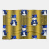 Blue Snowman op Gold Kerstmis Theedoek (Horizontaal)