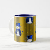 Blue Snowman op Gold Kerstmis Tweekleurige Koffiemok (Voorkant links)