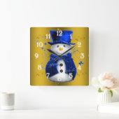 Blue Snowman op Gold Kerstmis Vierkante Klok (Huis)
