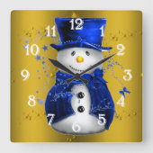 Blue Snowman op Gold Kerstmis Vierkante Klok (Voorkant)