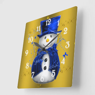 Blue Snowman op Gold Kerstmis Vierkante Klok