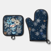 Blue Snowman Oven Mitt en Pot Houders Ovenwant & Pannenlap Set (Voorkant)
