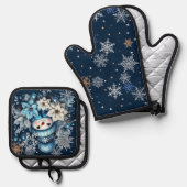 Blue Snowman Oven Mitt en Pot Houders Ovenwant & Pannenlap Set (Voorkant / Achterkant)