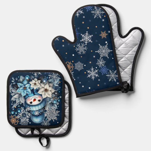 Blue Snowman Oven Mitt en Pot Houders Ovenwant & Pannenlap Set (Voorkant / Achterkant)