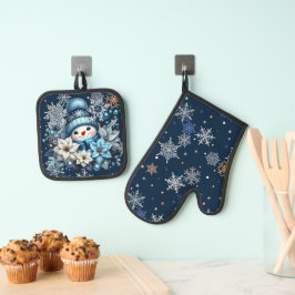Blue Snowman Oven Mitt en Pot Houders Ovenwant & Pannenlap Set