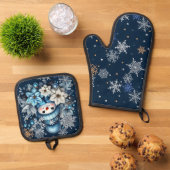 Blue Snowman Oven Mitt en Pot Houders Ovenwant & Pannenlap Set (Top down)