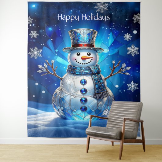 Blue Snowman Snowflakes Holiday Backdrop Wandkleed (In situ)