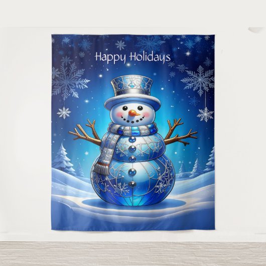 Blue Snowman Snowflakes Holiday Backdrop Wandkleed (Voorkant)