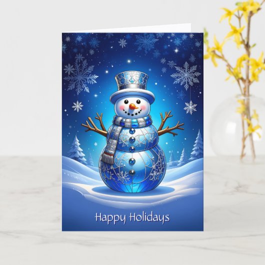 Blue Snowman Snowflakes Holiday Card Kaart (Gele Bloem)